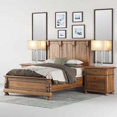 Wooden Double Bed With Paneled Headboard Two Nightstands Table Lamps And Framed Wall Art 3d model