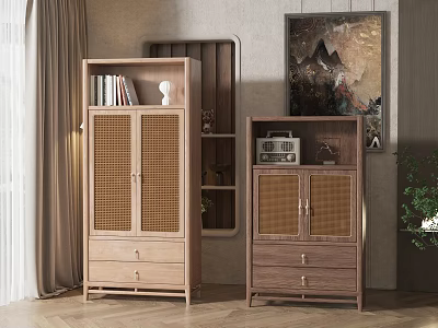 Wooden Bookcases with Drawers Different Door Designs Books Decorations and Vintage Radio 3d model