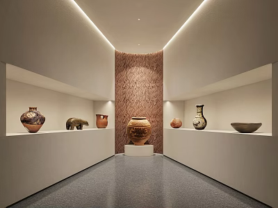 Modern Ceramic Vessels Display In Exhibition Space With White Shelves And Textured Wall 3d model