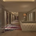 Luxury Modern Store Front Desk With Chandelier Patterned Carpet And Blue Armchairs