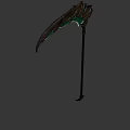 Green Metallic Scythe Weapon With Decorative Carvings And Long Handle