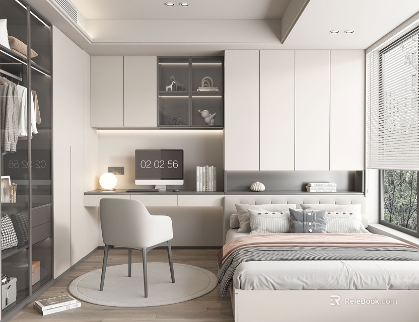 Modern Tatami Bedroom Interior Design With Cozy Bed Desk Chair And Large Window 3d model 