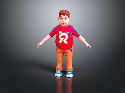 3D Model Man Wearing Red T-Shirt With Yellow R Logo Brown Pants And Blue Shoes 3d model