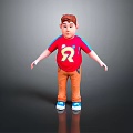 3D Model Man Wearing Red T-Shirt With Yellow R Logo Brown Pants And Blue Shoes