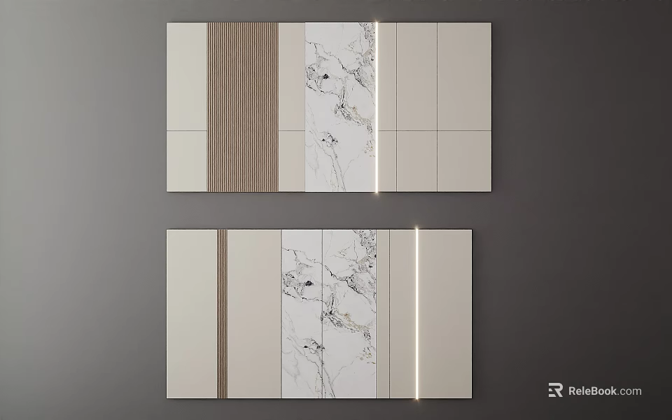 Modern Feature Wall Design With Wood Grain Panel Marble Pattern And Integrated Lighting 3d model