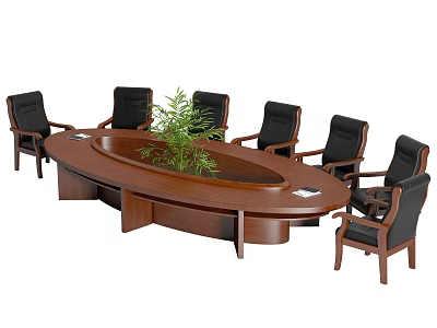 Oval Wooden Conference Table with Black Chairs and Green Plant in Center 3d model