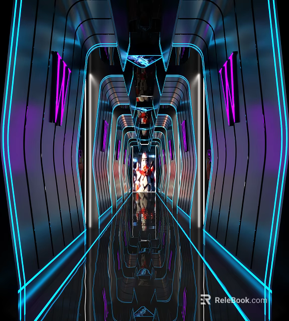 Hi Tech Modern KTV Corridor With Neon Lights And Mirrored Floors 3d model 