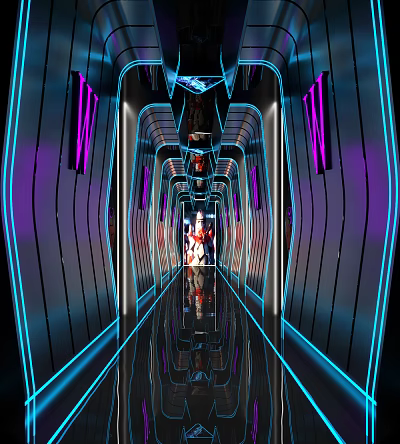 Hi Tech Modern KTV Corridor With Neon Lights And Mirrored Floors 3d model
