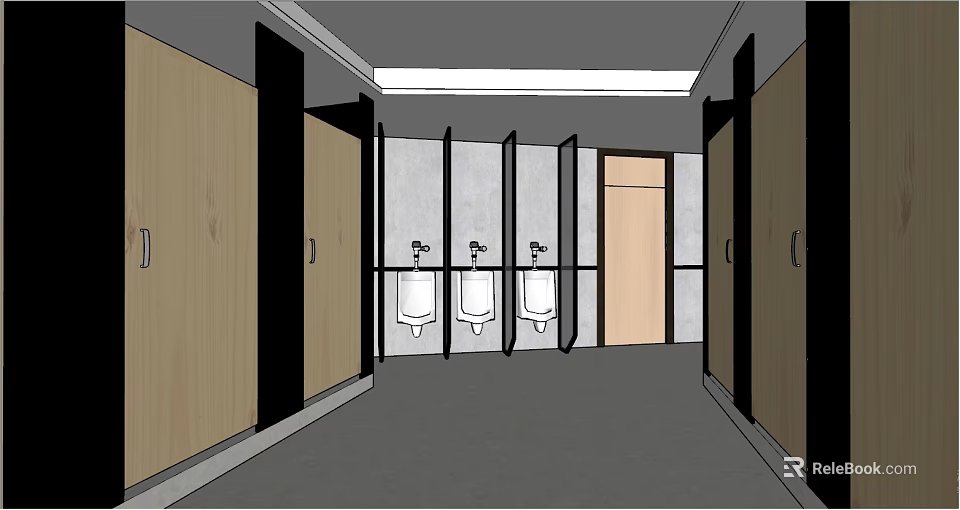 Modern Public Toilet Interior With Wooden Stalls Urinals And Clean White Walls 3d model 
