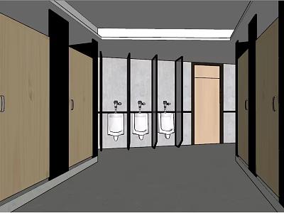 Modern Public Toilet Interior With Wooden Stalls Urinals And Clean White Walls 3d model