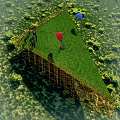 Outdoor Circular Green Lawn With Yellow Scaffolding Red Blue Arched Structures And People