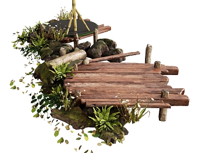 Garden Landscape Wooden Bridge Plant Stone Green Plant Hair Stone Rotten Wood Floor Ruins 3d model