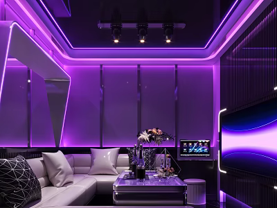 Modern KTV Lounge With Purple Lighting Neon Decor Sofa Coffee Table And TV 3d model