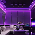 Modern KTV Lounge With Purple Lighting Neon Decor Sofa Coffee Table And TV