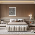 Modern Bedroom Interior With Tufted Bed Nightstands Pendant Light Wall Art And Wardrobe