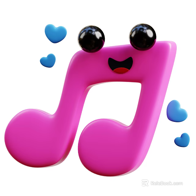 Pink Music Note Shaped Decorative Ornament Set With Big Eyes Red Mouth And Blue Hearts 3d model 