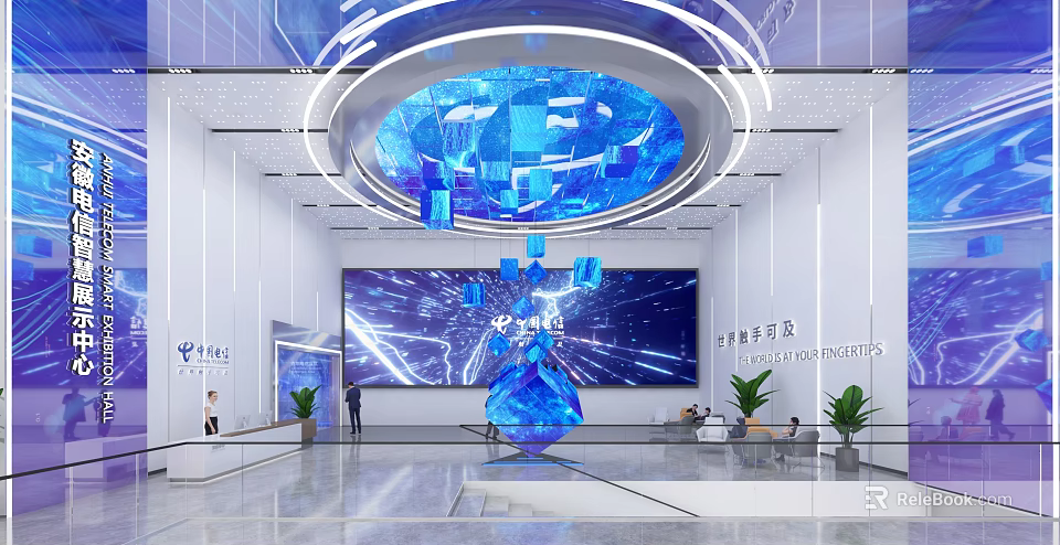 China Telecom Lobby Interior With Large Digital Screen And Blue Decorative Installation 3d model 
