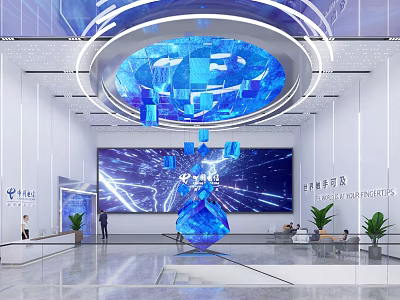 China Telecom Lobby Interior With Large Digital Screen And Blue Decorative Installation 3d model