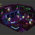 Modern Neon Lit Indoor Scene Featuring Staircases Sofas And Kiss Me Signage