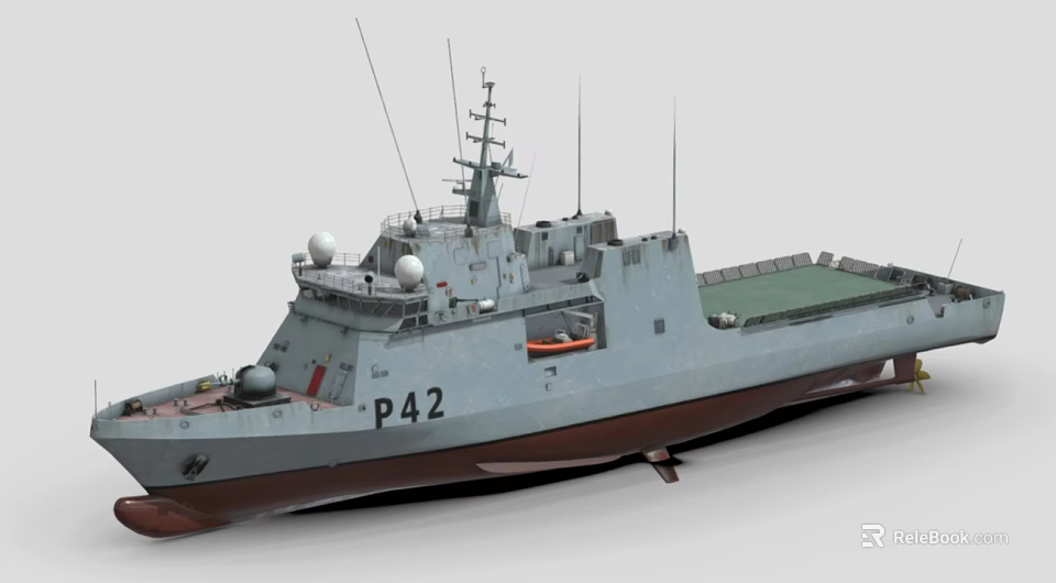 Gray Warship With P42 Number Brown Bottom Green Deck And Radar Domes 3d model 