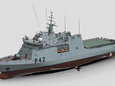 Gray Warship With P42 Number Brown Bottom Green Deck And Radar Domes 3d model