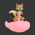 Cute Fox Figurine Sitting on Pink Cloud Holding Pink Beverage