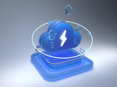Cloud Shaped Art Installation With Lightning Symbol Lines Upward Arrows And House Icons On Platform 3d model