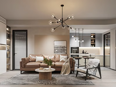 Modern Office Interior With Comfortable Sofa Coffee Table Chandelier Open Layout And Stylish Rug 3d model