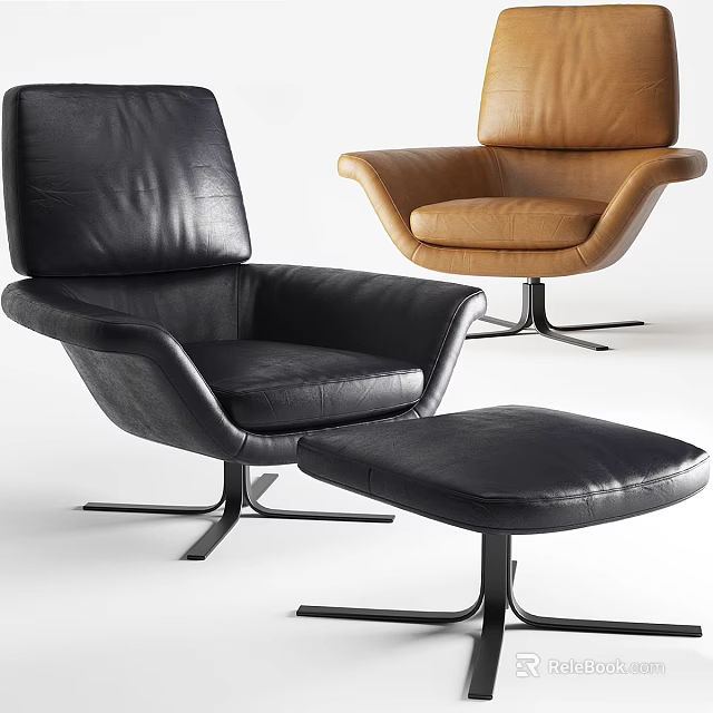 Modern Leather Leisure Chairs With Black Brown Upholstery And Metal Base Footstool 3d model 