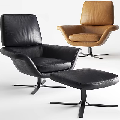 Modern Leather Leisure Chairs With Black Brown Upholstery And Metal Base Footstool 3d model