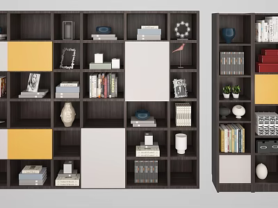Modern Stylish Bookcase With Various Compartments Books Decorative Items Yellow And White Panels 3d model