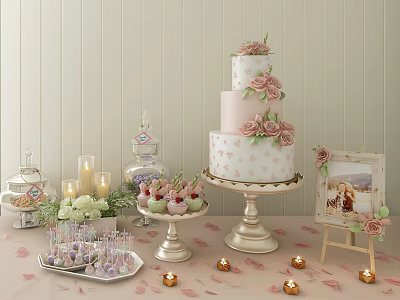 Three Tier Pink Rose Wedding Cake With Pastry Dessert Table And Candle Decorations 3d model