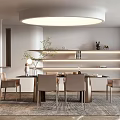 Modern Restaurant Interior With Round Dining Table Beige Chairs Pendant Lighting And Shelf Decor