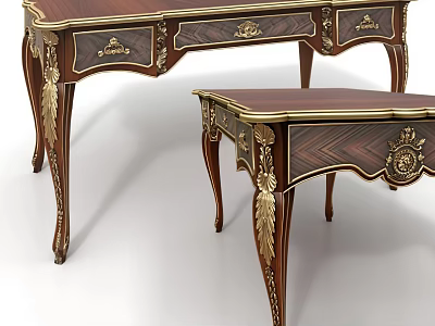 Pair of Classic Dark Wood Desks With Gold Ornate Carvings And Legs 3d model