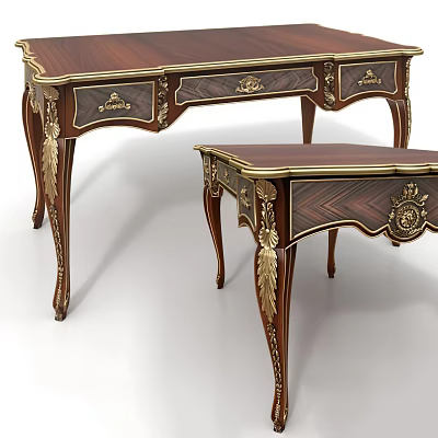 Pair of Classic Dark Wood Desks With Gold Ornate Carvings And Legs 3d model