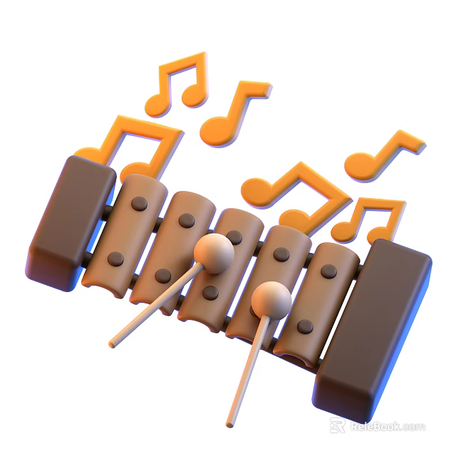 Vibrant Musical Instruments and Art Supplies Featuring Xylophone Music Notes and Paint Brushes 3d model 