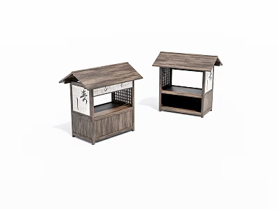 Two Traditional Wooden Pavilions With Sloped Roofs Lattice Panels And Open Shelves 3d model