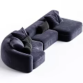 Modern Navy Blue Velvet Three Seater Sofa With Black Cushions And Curved Design