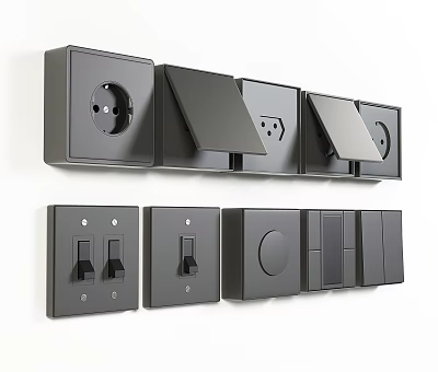 Modern Minimalist Dark Gray Switch Panels With Various Sockets And Wall Switches 3d model