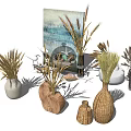 Wicker and Wooden Vases with Dried Wheat Grass Cotton Stems and White Ceramic