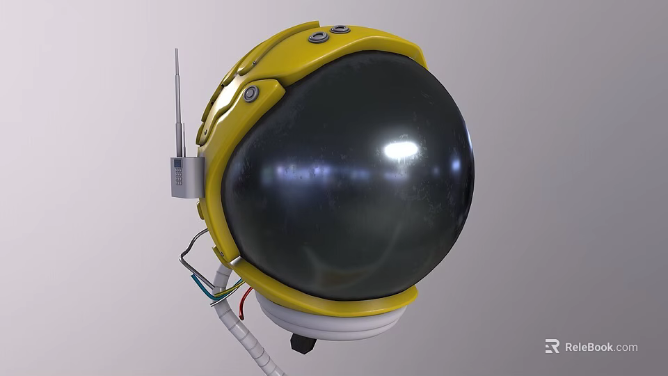 Yellow Astronaut Helmet Design With Black Visor Antenna And Cables 3d model 