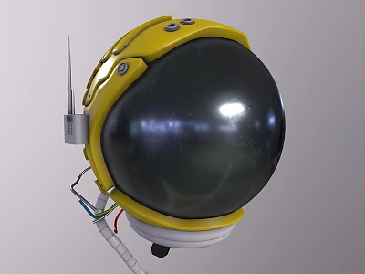 Yellow Astronaut Helmet Design With Black Visor Antenna And Cables 3d model