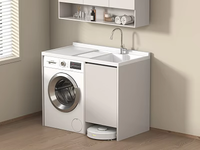 White Front Load Washing Machine In Compact Laundry Space With Sink And Cabinet 3d model