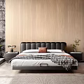Modern Black Leather Headboard Double Bed with White Pillows Red Cushion and Checkered Blanket