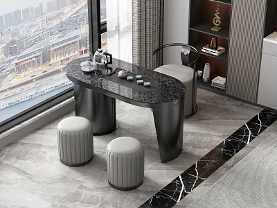 Modern Tea Table and Chairs with Marble Top and Grey Stools by Large Window 3d model