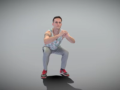 Man Squatting In Tank Top Gray Pants And Red Shoes With Tattoo On Gray Background 3d model
