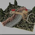 Architectural Model Featuring Curved Road Pedestrian Bridge Stone Walls And Red Canopies