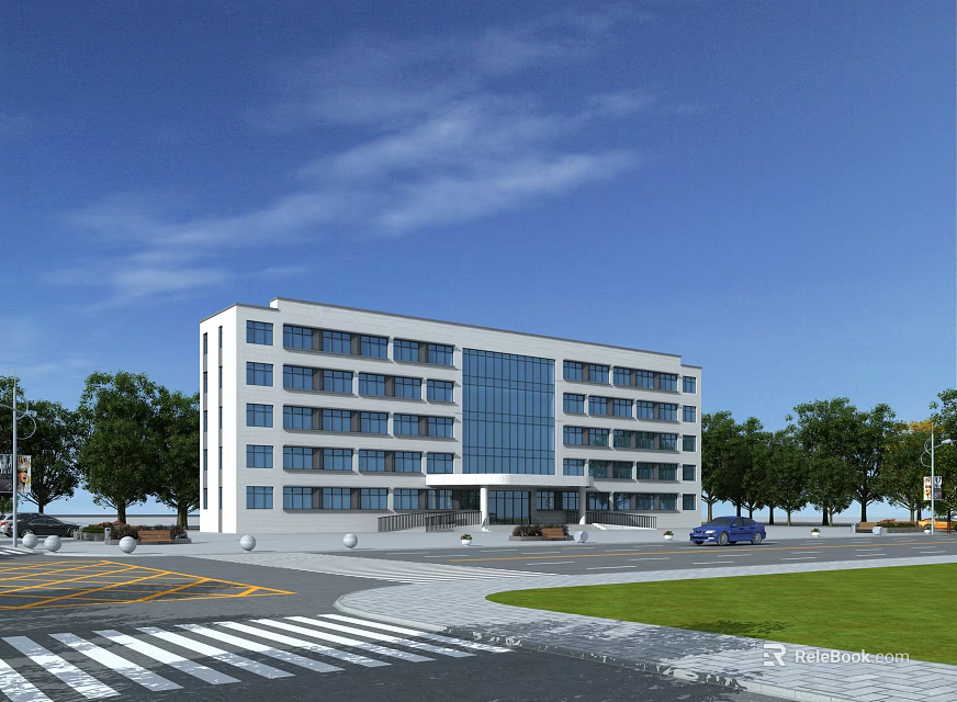 Modern Office Building With White Exterior Glass Windows Trees Green Lawn And Parking Area 3d model 