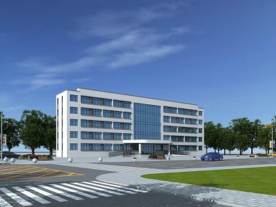 Modern Office Building With White Exterior Glass Windows Trees Green Lawn And Parking Area 3d model