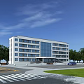 Modern Office Building With White Exterior Glass Windows Trees Green Lawn And Parking Area